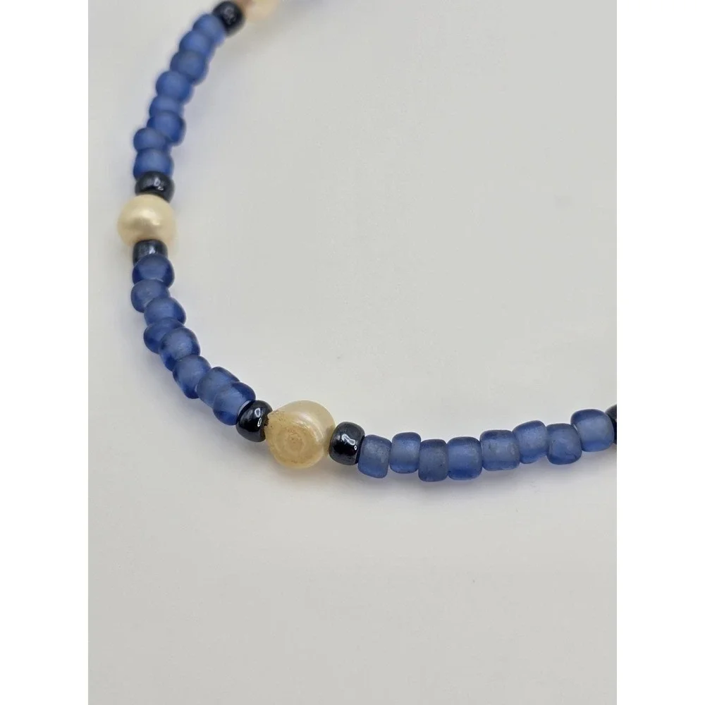 Vtg GENUINE Freshwater Pearl & Blue Frosted Seed Bead Anklet FREE $HIPPING!!